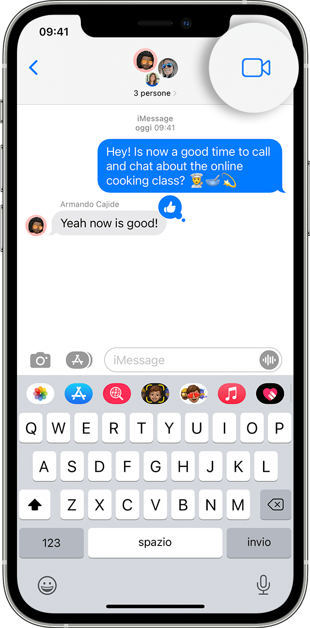 iPhone mostra come fare una chiamata FaceTime di gruppo dall'app Messaggi