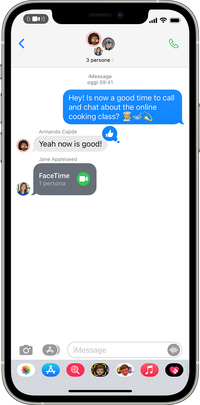 iPhone mostra come partecipare a una chiamata FaceTime da un messaggio di gruppo
