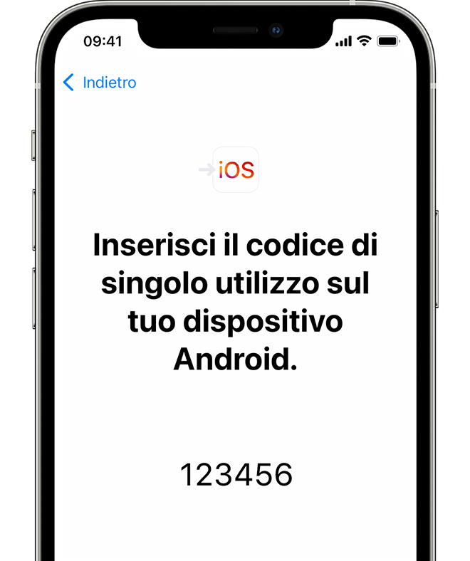 Schermata Migra da Android su iPhone che mostra il codice