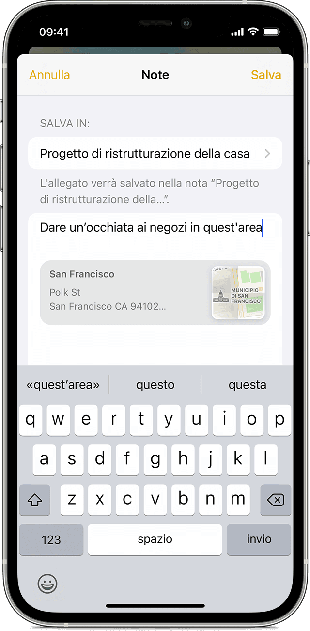 iPhone che mostra come aggiungere un allegato nell'app Note.