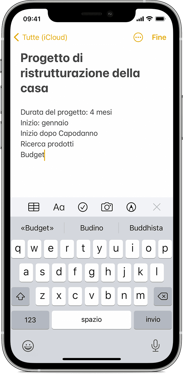 iPhone che mostra come creare una nota nell'app Note