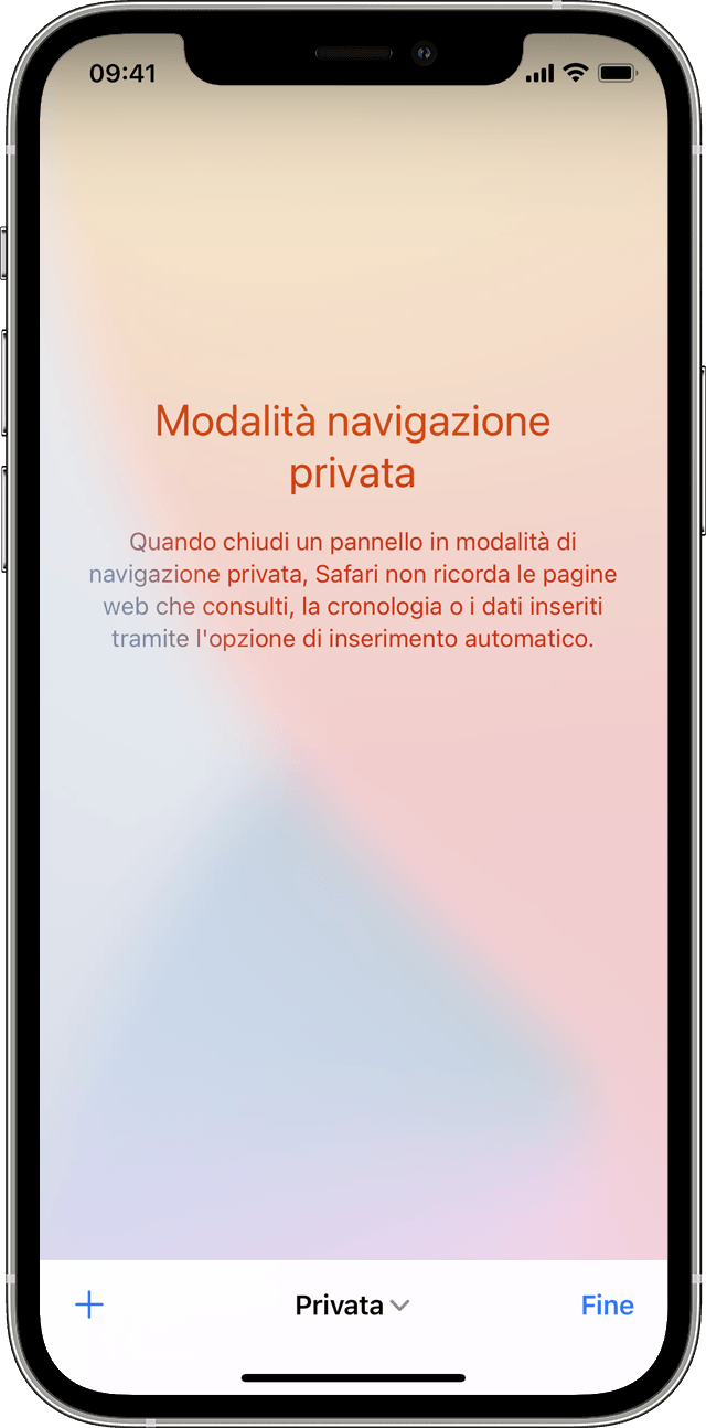 Un iPhone che mostra la schermata della modalità di navigazione privata nel momento in cui l'utente tocca Privata per attivarla.