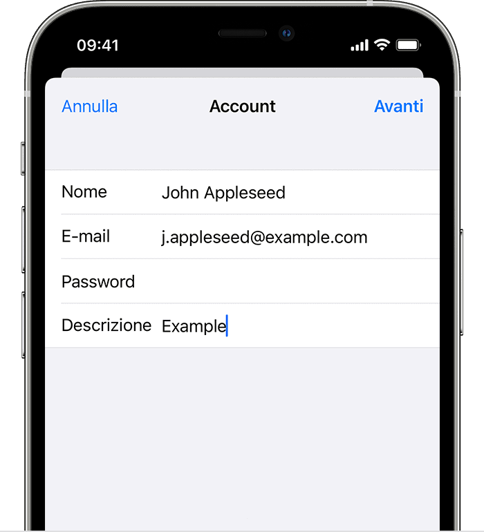 Schermata dell'iPhone che mostra come configurare un account email manualmente