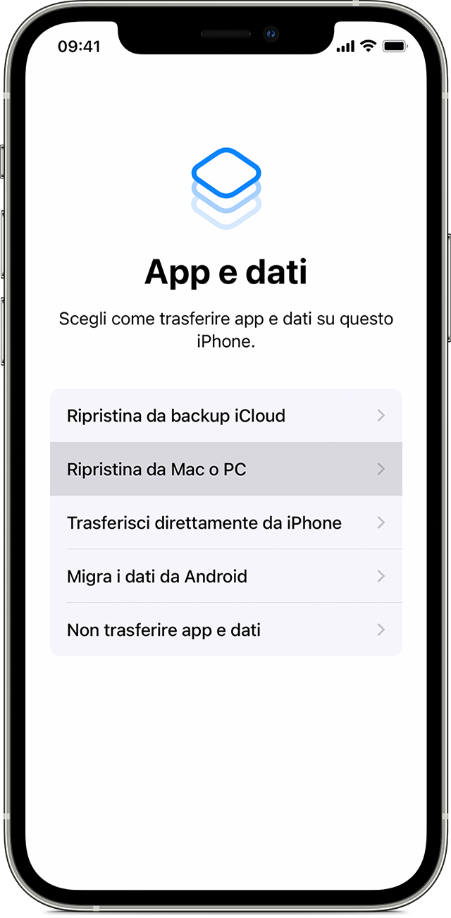 Un iPhone che mostra la schermata App e dati con l'opzione “Ripristina da Mac o PC” selezionata.