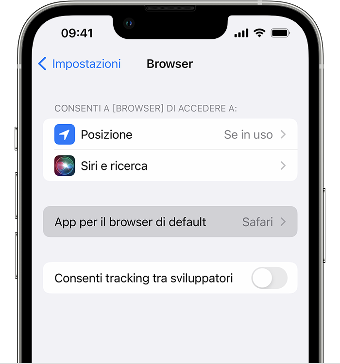 iPhone con l'opzione App per il browser di default visualizzata