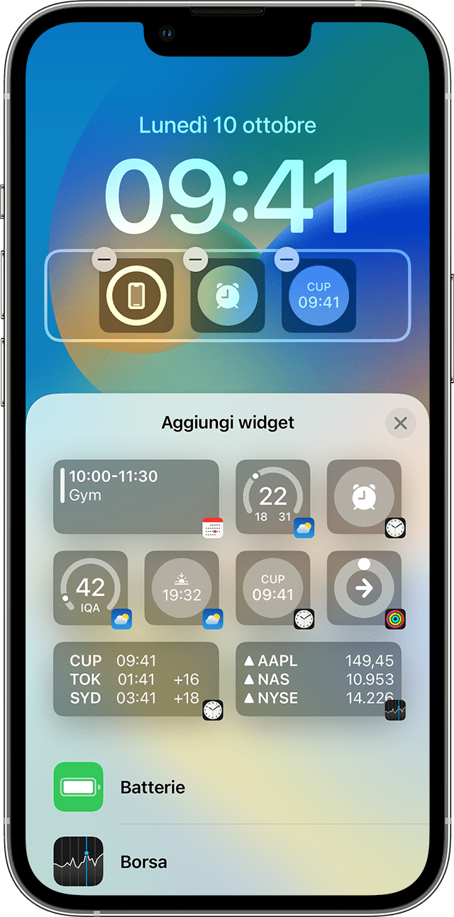 Schermata dell'iPhone che mostra come aggiungere widget alla schermata di blocco