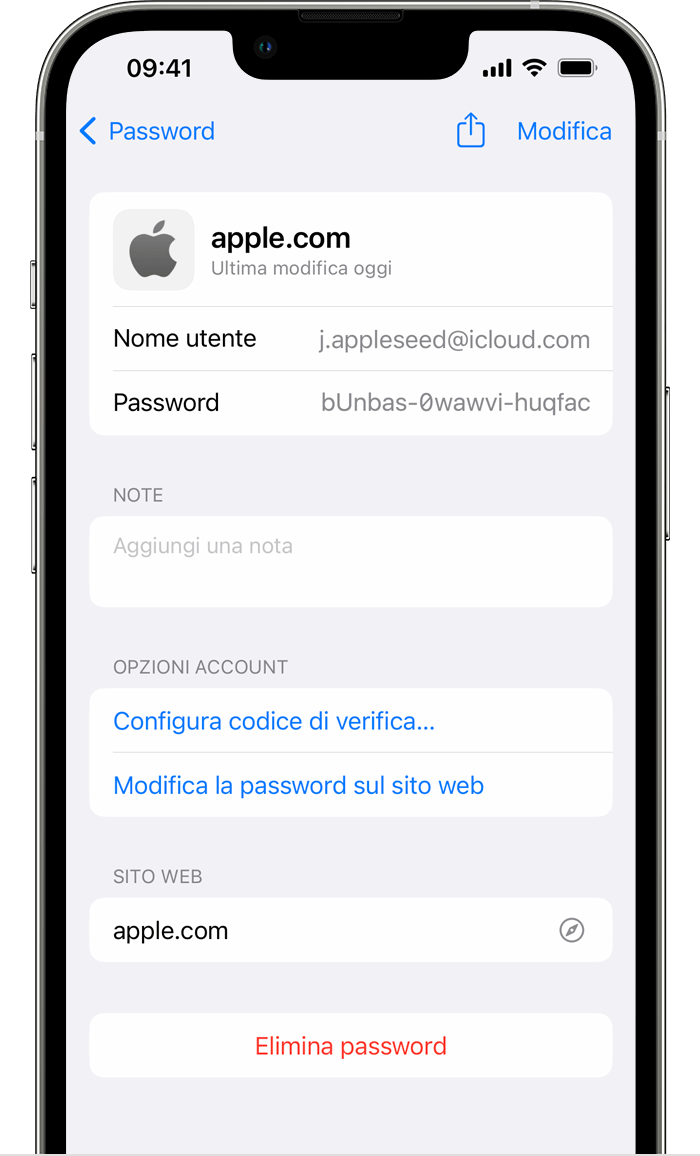 Dettagli dell'account Apple dell'utente su iPhone, inclusi il nome utente e la password.
