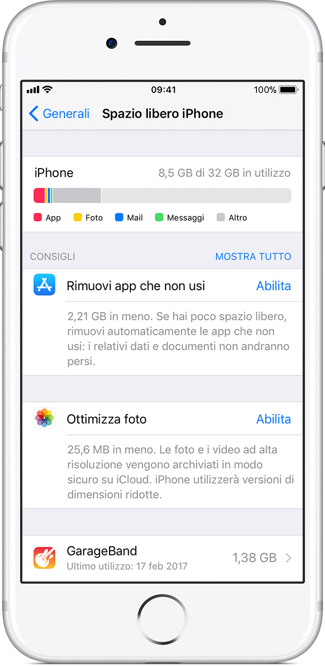Uso del dispositivo iOS per verificarne lo spazio di archiviazione