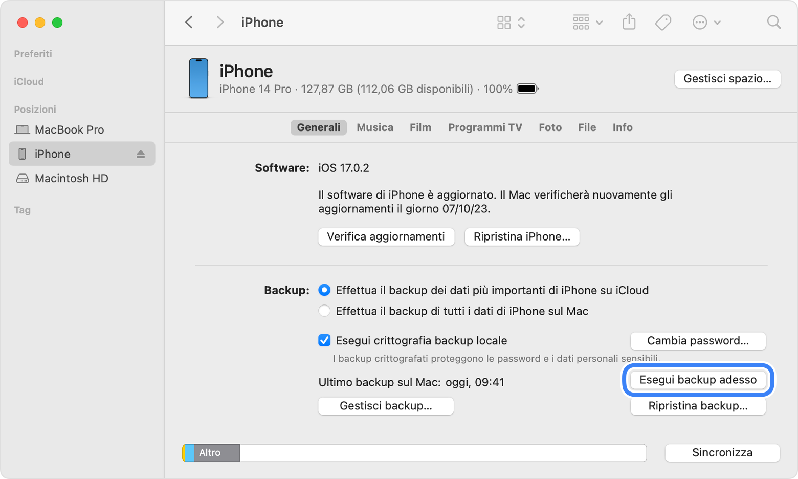 Come eseguire il backup di iPhone, iPad o iPod touch con un Mac - Supporto  Apple (IT)