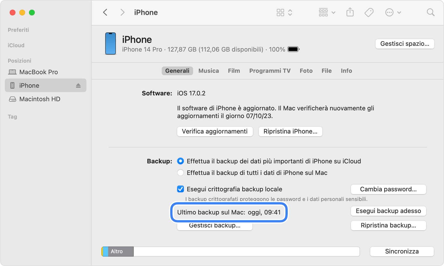 Come eseguire il backup di iPhone, iPad o iPod touch con un Mac - Supporto  Apple (IT)