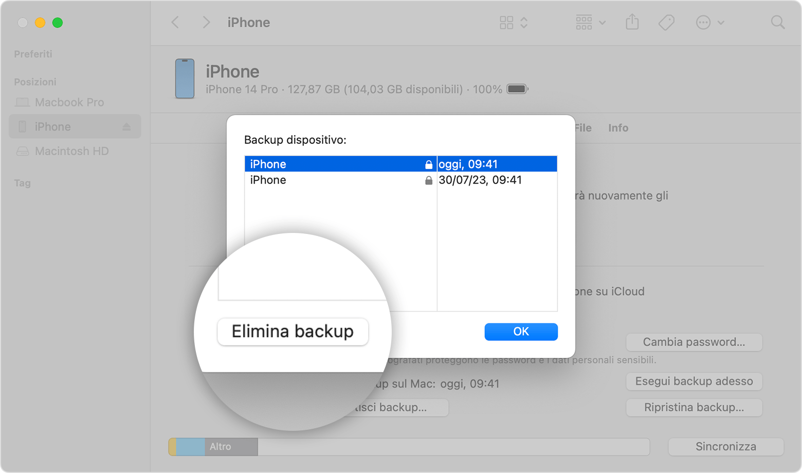 Una finestra del Finder che mostra l'opzione per eliminare i backup del dispositivo