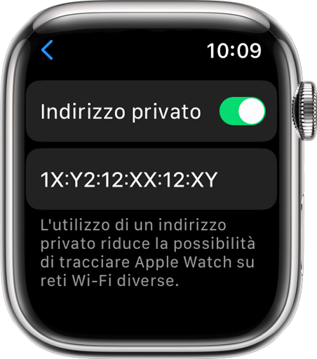 Su Apple Watch, attiva o disattiva l'impostazione Indirizzo privato
