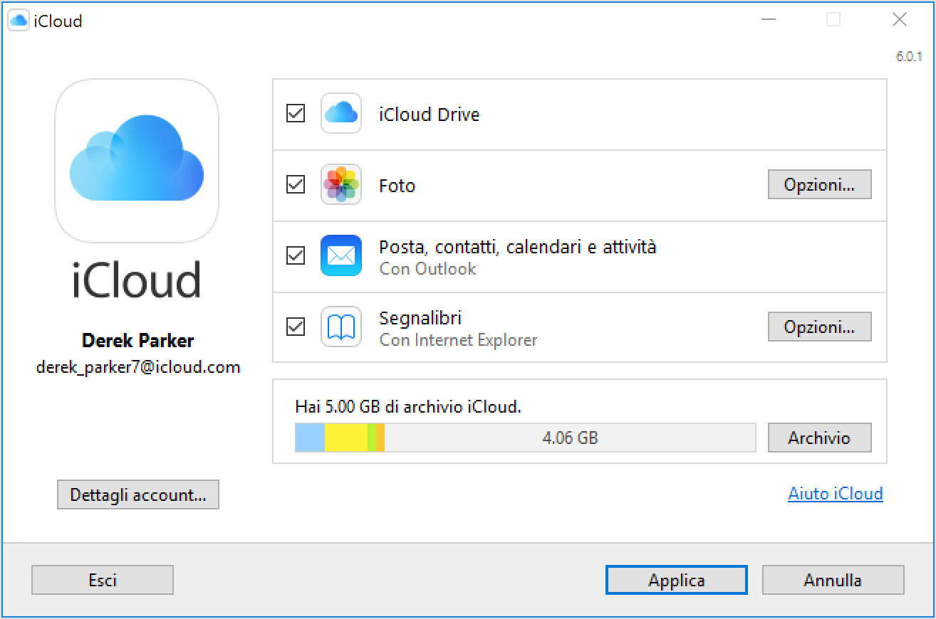 pannello di controllo icloud per windows xp