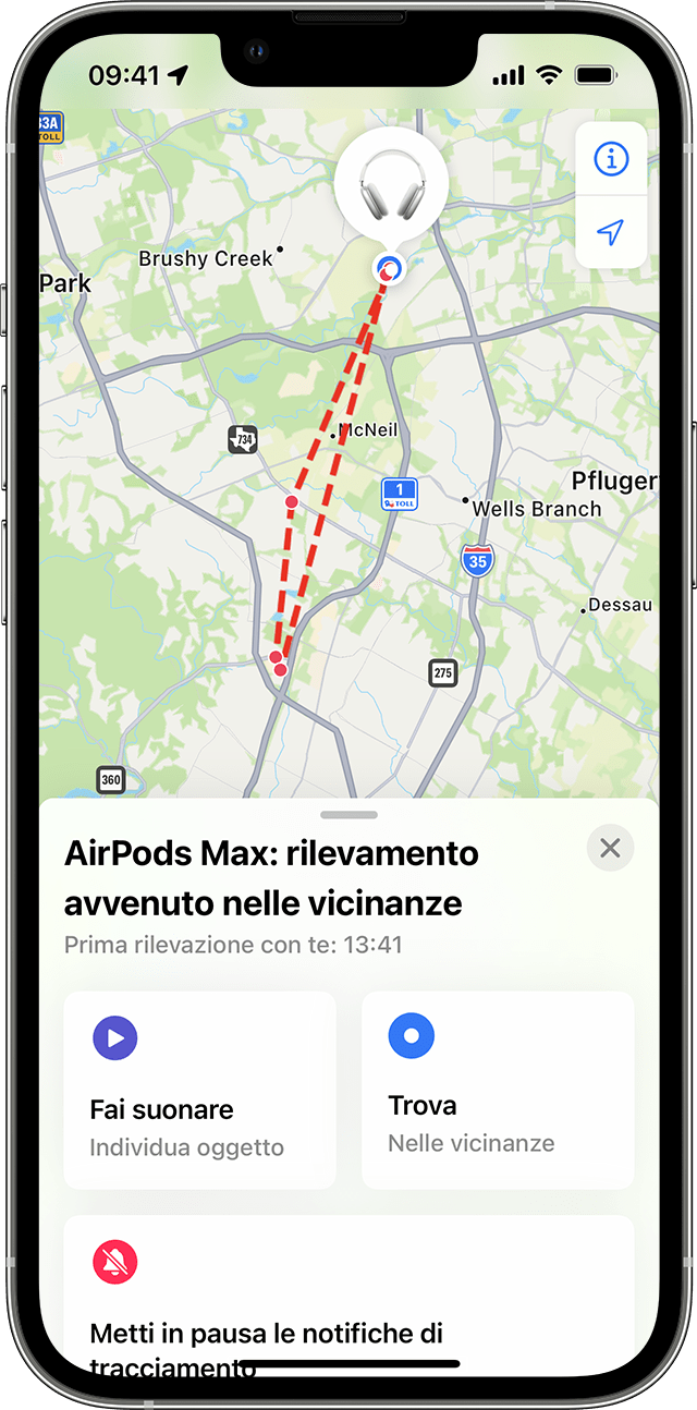 Oggetto sconosciuto visualizzato sulla mappa nell'app Dov'è su iPhone