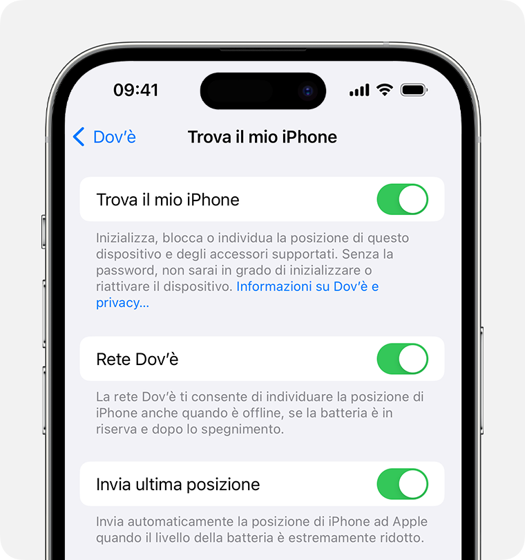 Nelle impostazioni dell'iPhone, puoi attivare Dov'è e Rete Dov'è.