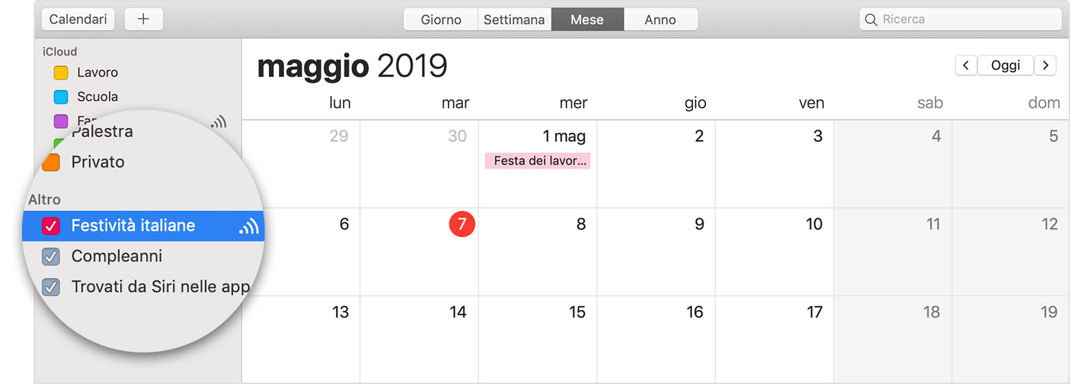 Calendario di iCloud con il calendario a cui hai effettuato l'iscrizione selezionato