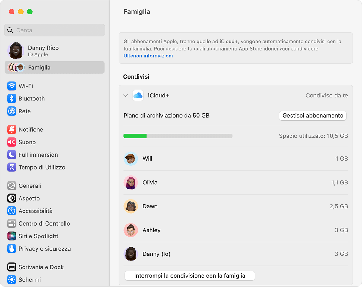 In iCloud, sono elencati il tuo piano di archiviazione e la quantità di spazio di archiviazione che hai usato.