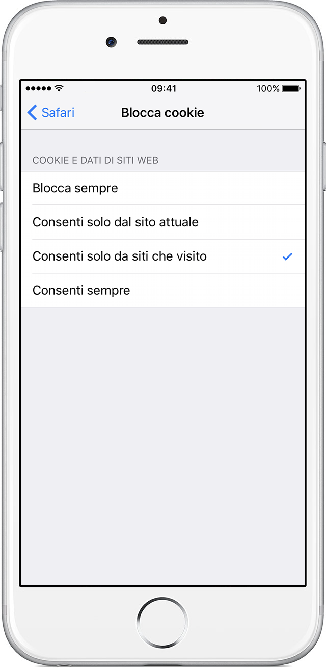 impostazioni per i cookie su iPhone