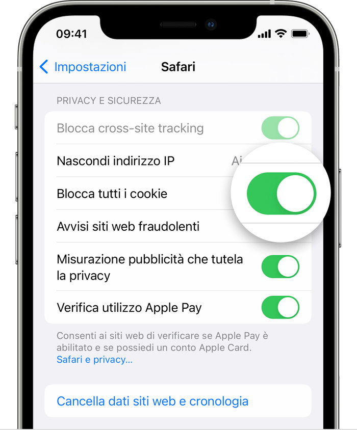 Impostazioni di Safari su iPhone con l'opzione Blocca tutti i cookie abilitata