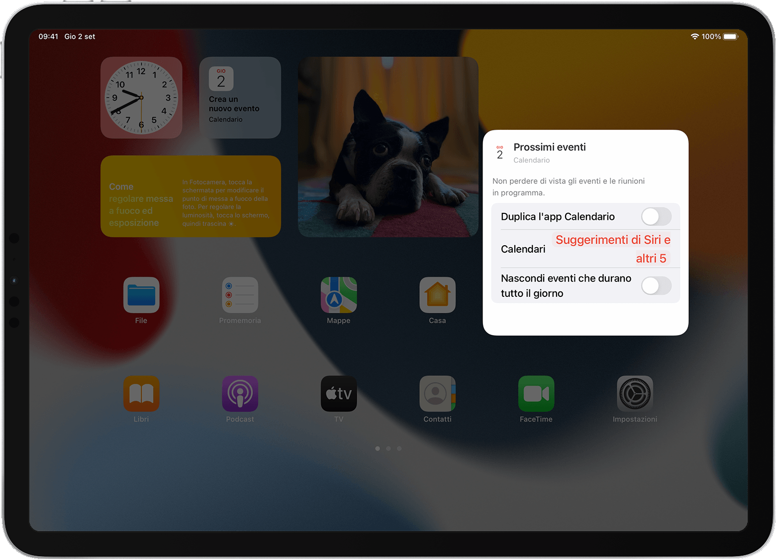 Schermata di iPad che mostra le opzioni del widget Promemoria