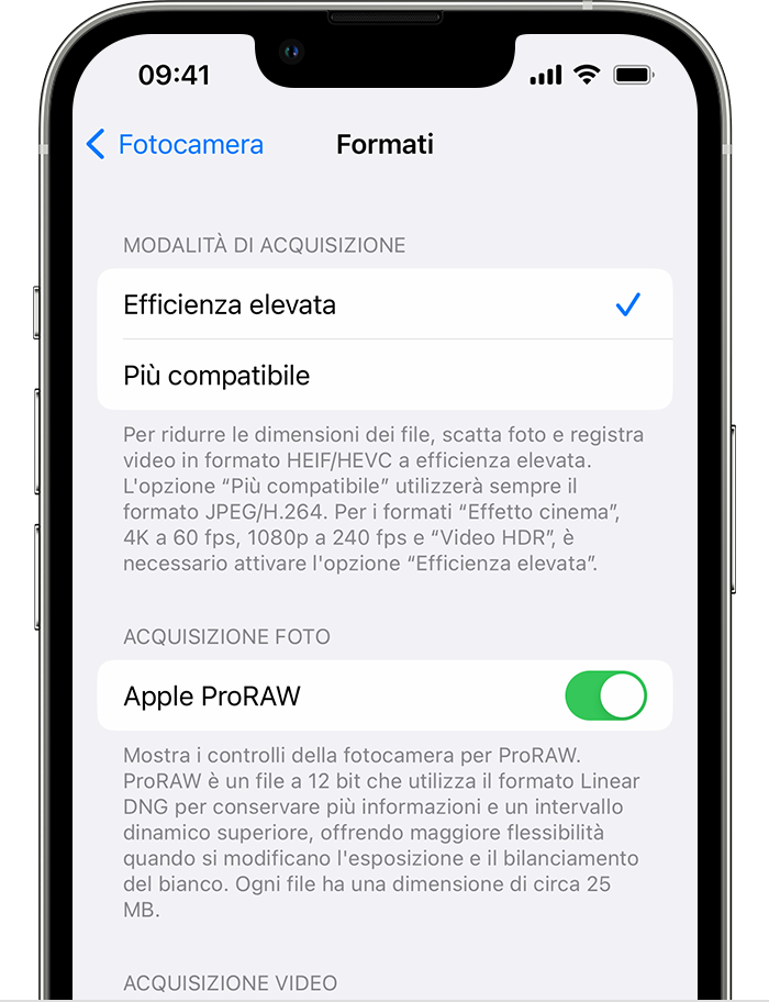 Attivazione dell'acquisizione di immagini Apple ProRAW su un iPhone tramite Impostazioni > Fotocamera > Formati.