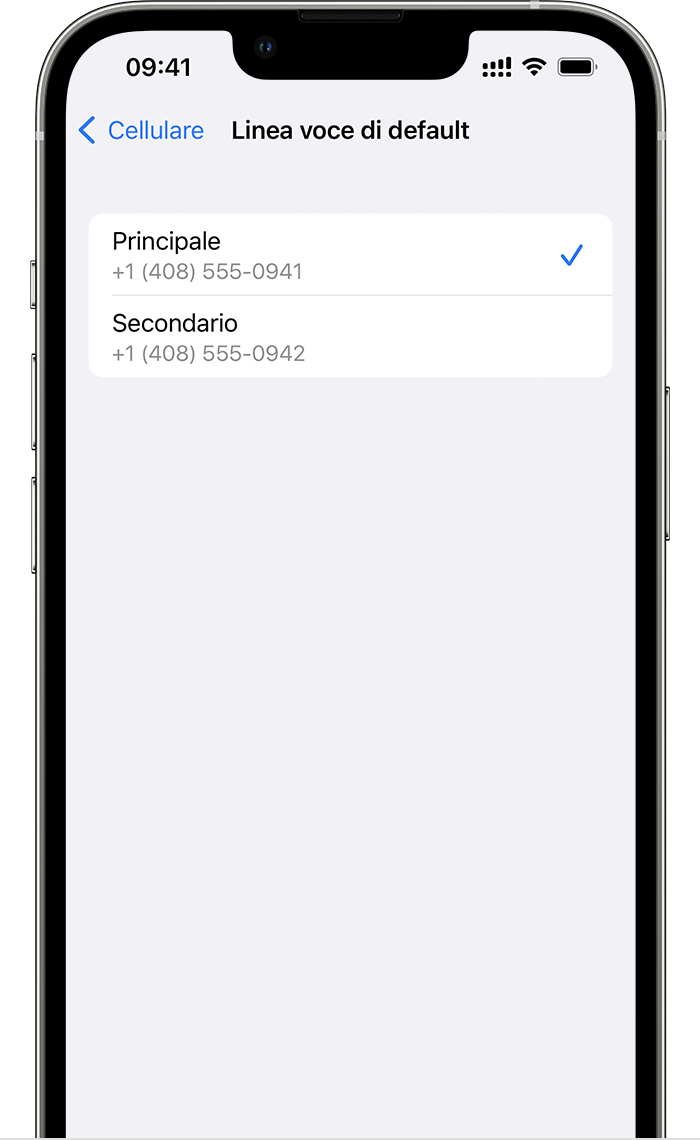 Schermata dell'iPhone che mostra un numero di telefono selezionato come linea voce di default primaria