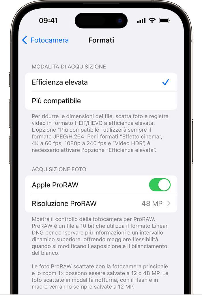 Sui modelli di iPhone 14 Pro, ci sono due opzioni per la risoluzione ProRAW in Impostazioni.