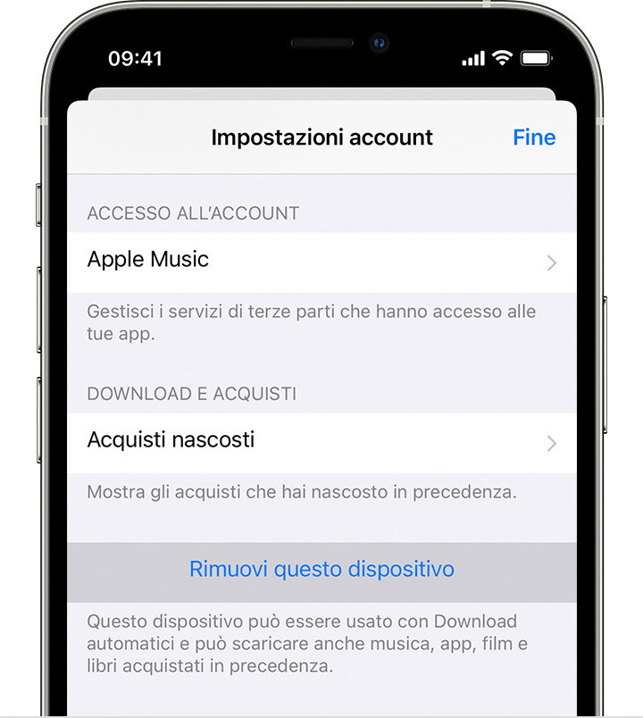 iPhone che mostra Rimuovi questo dispositivo in Impostazioni account.