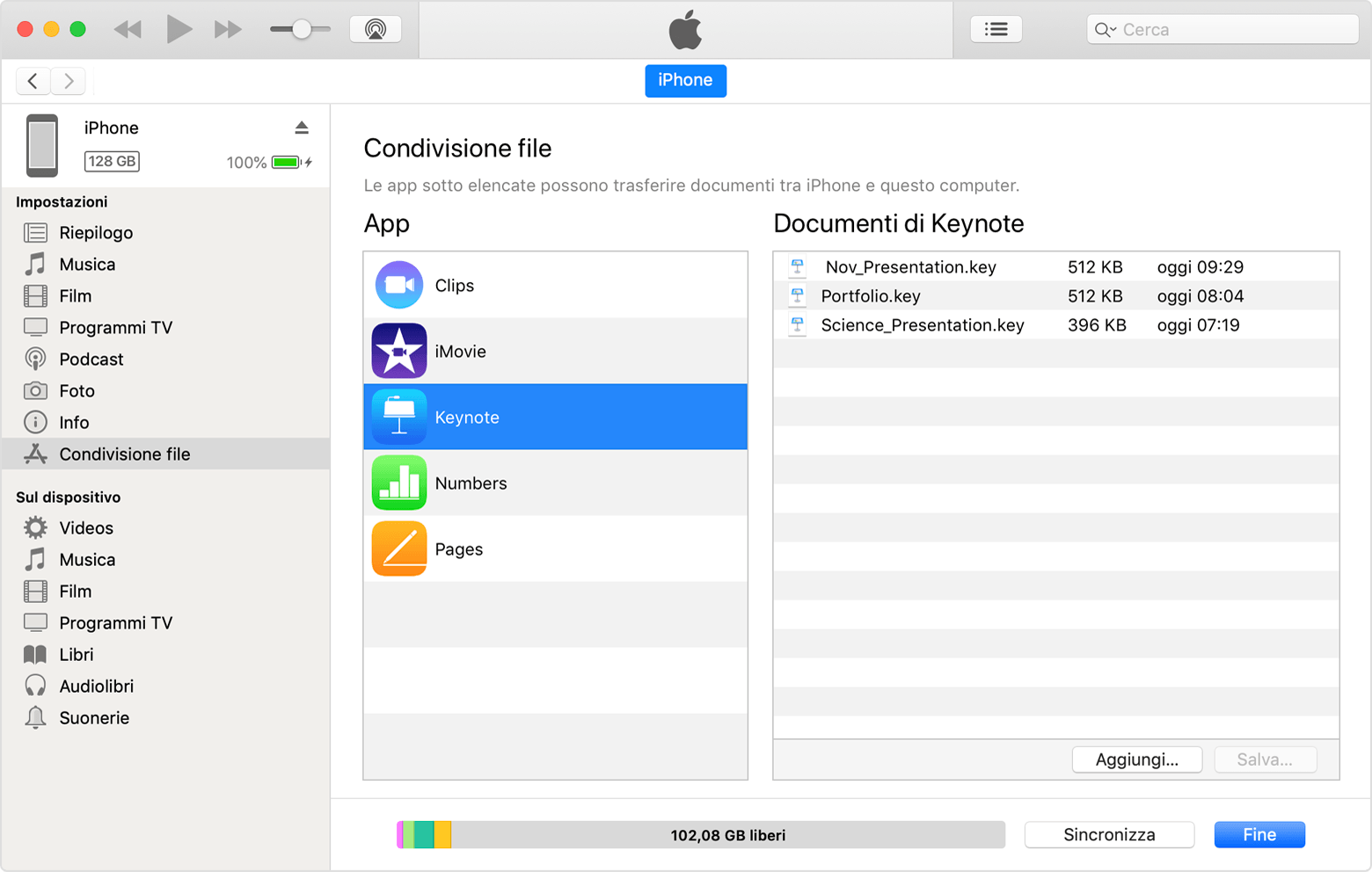 Finestra di iTunes che mostra alcuni documenti Keynote che possono essere condivisi.