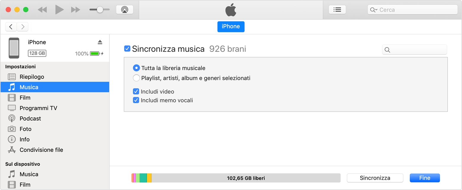 Riquadro accanto a Sincronizza musica in iTunes.