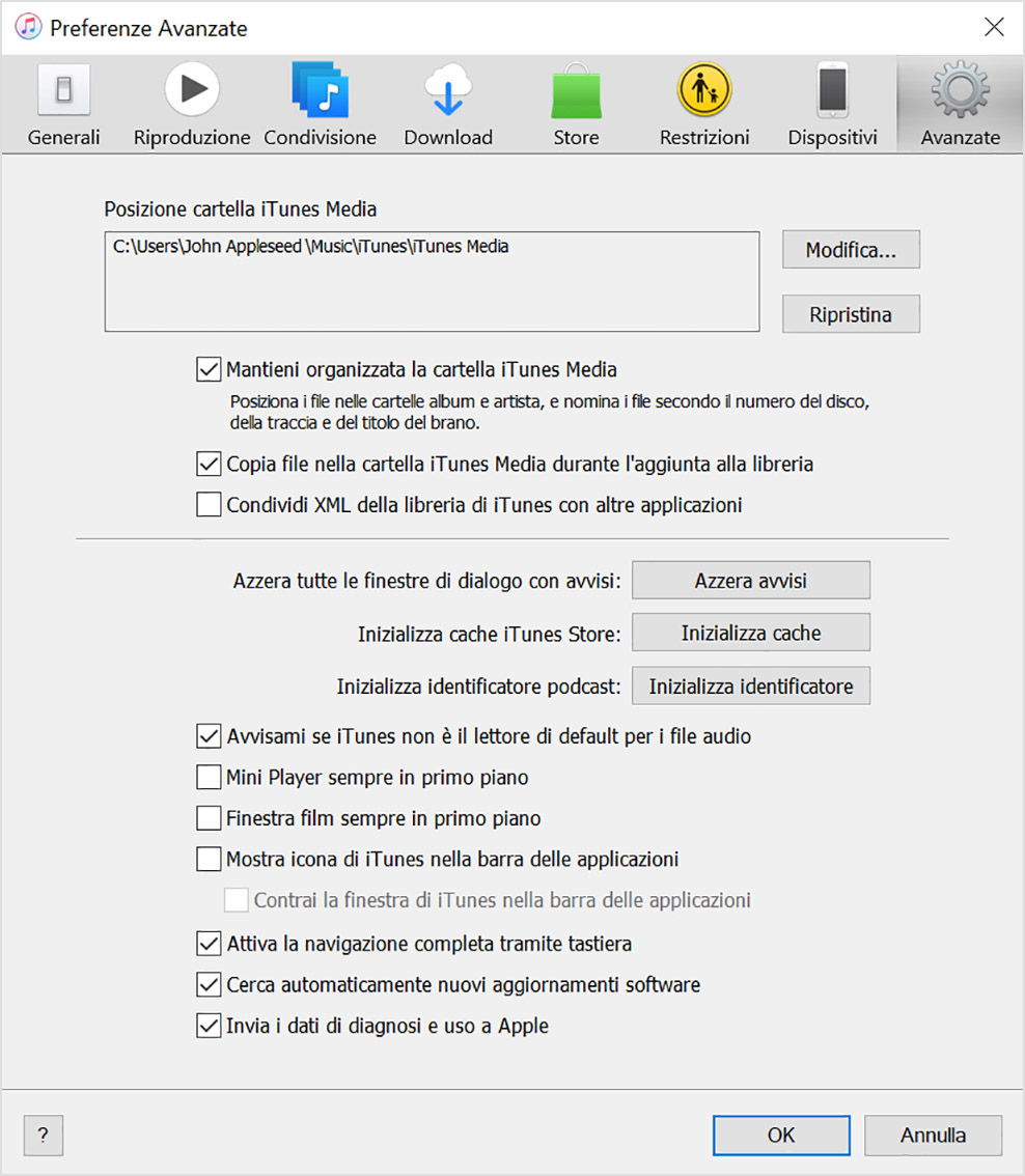 Schermata Preferenze Avanzate che mostra la posizione della cartella iTunes Media