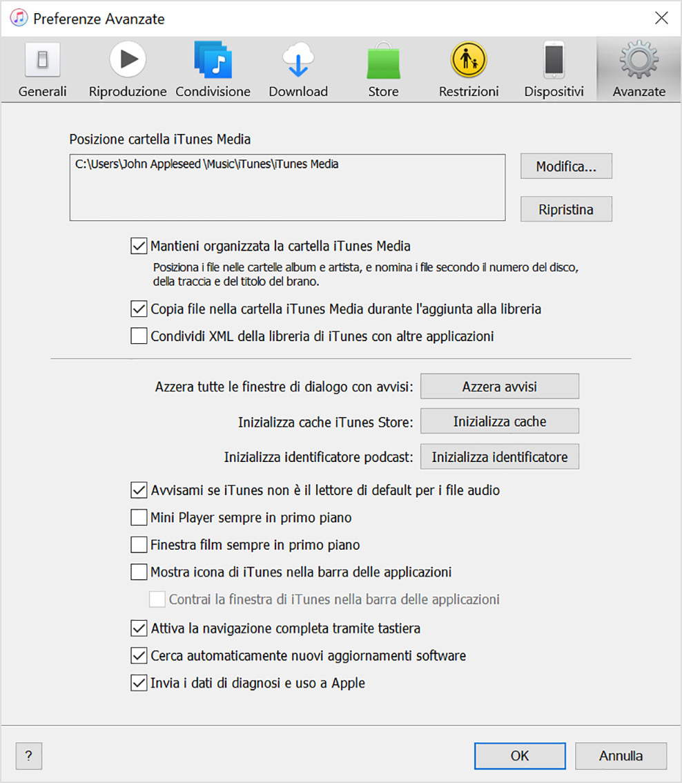 Eseguire il backup e il ripristino della libreria di iTunes su PC -  Supporto Apple (IT)