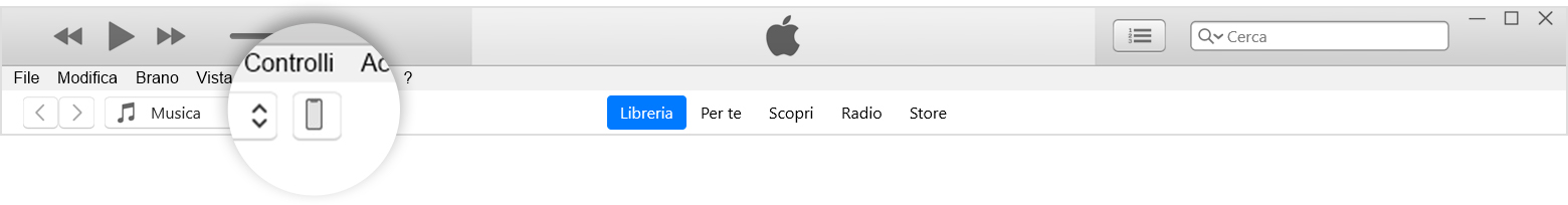 Barra dei menu di iTunes con il pulsante del dispositivo ingrandito.