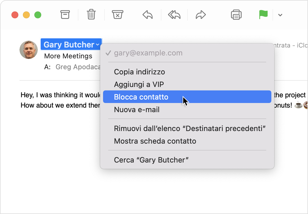 Menu del mittente in Mail per macOS con l'opzione Blocca contatto selezionata