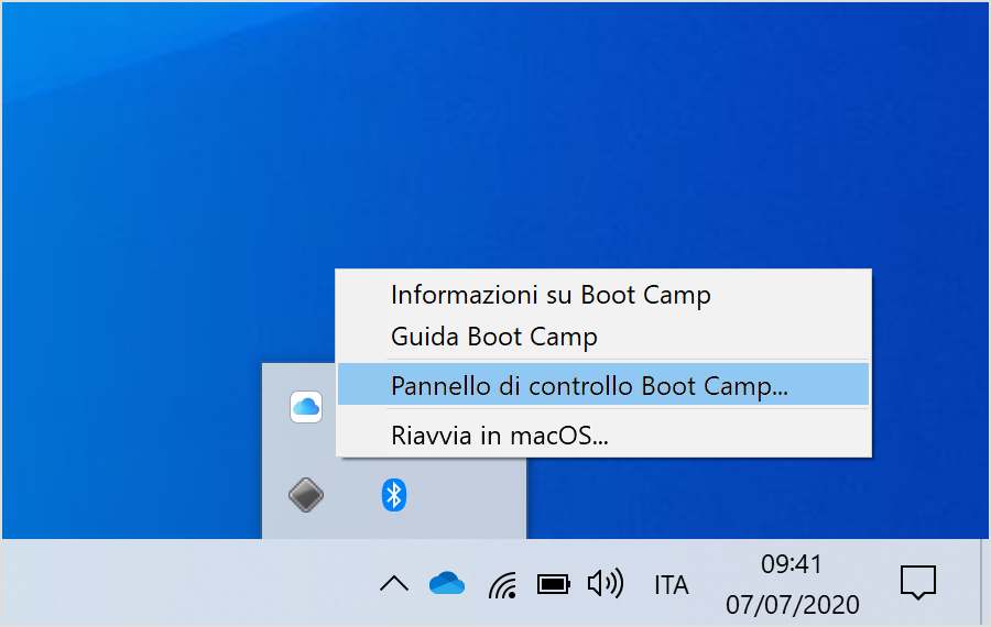 Menu Boot Camp con il Pannello di controllo Boot Camp selezionato