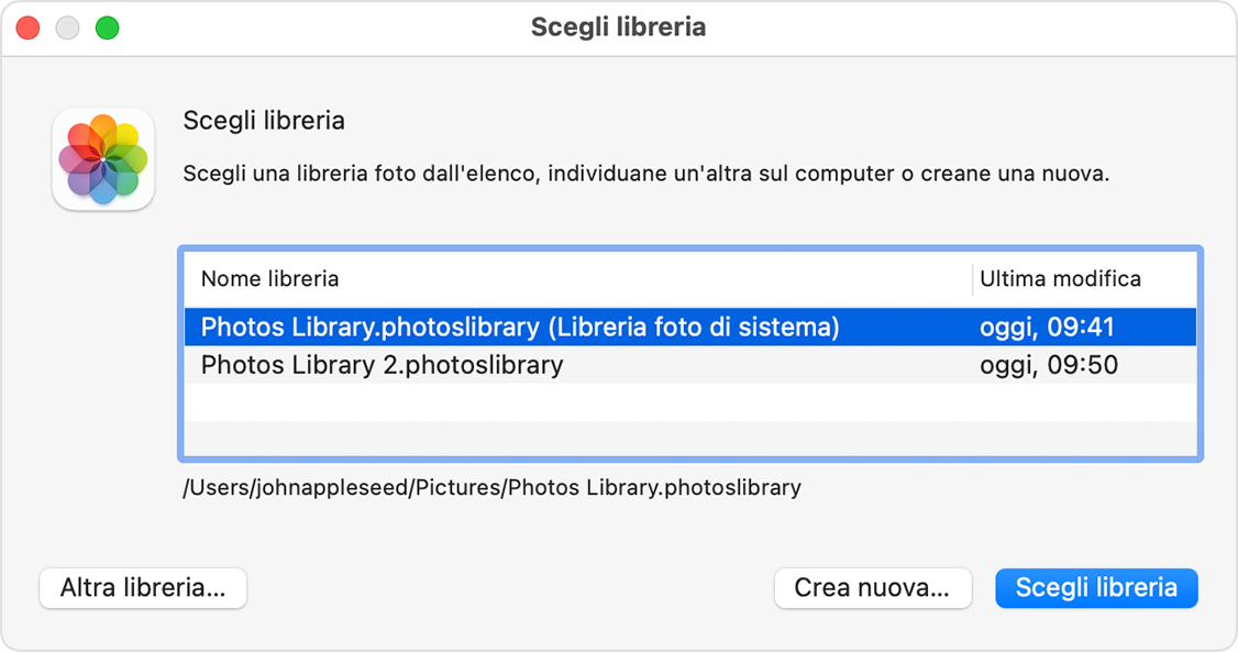 Finestra Scegli libreria dell'app Foto su macOS