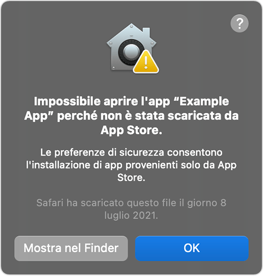 Finestra di avviso per macOS: non è possibile aprire l'app perché non è stata scaricata dall'App Store.