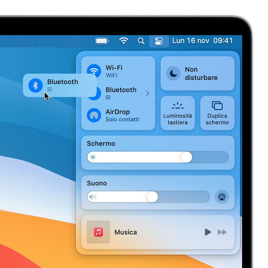 Centro di Controllo in macOS Big Sur: trascinamento dell'elemento Bluetooth da Centro di Controllo alla barra dei menu sulla scrivania