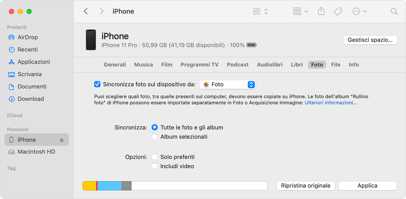 Sincronizzare le foto manualmente con il Finder - Supporto Apple (IT)