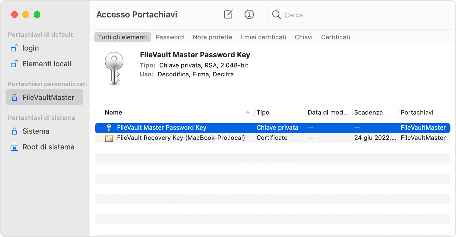 Accesso Portachiavi, con FileVault Master Password Key selezionata