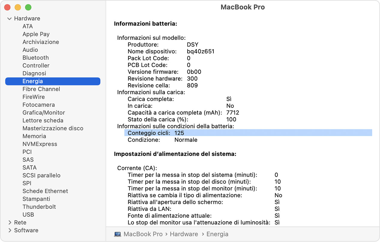 Determinare il numero di cicli della batteria per i notebook Mac - Supporto  Apple (IT)