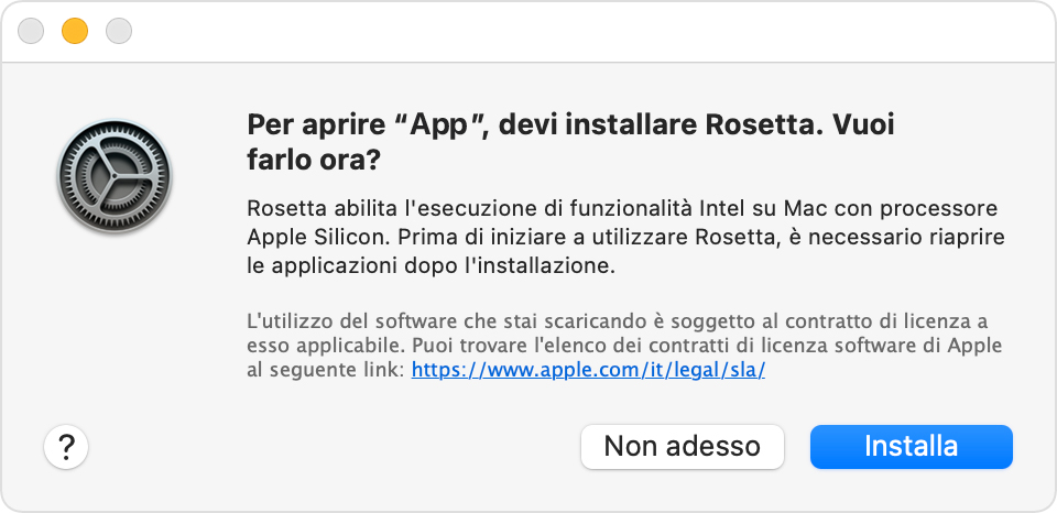 Avviso: Per aprire “app”, devi installare Rosetta. Vuoi farlo ora?