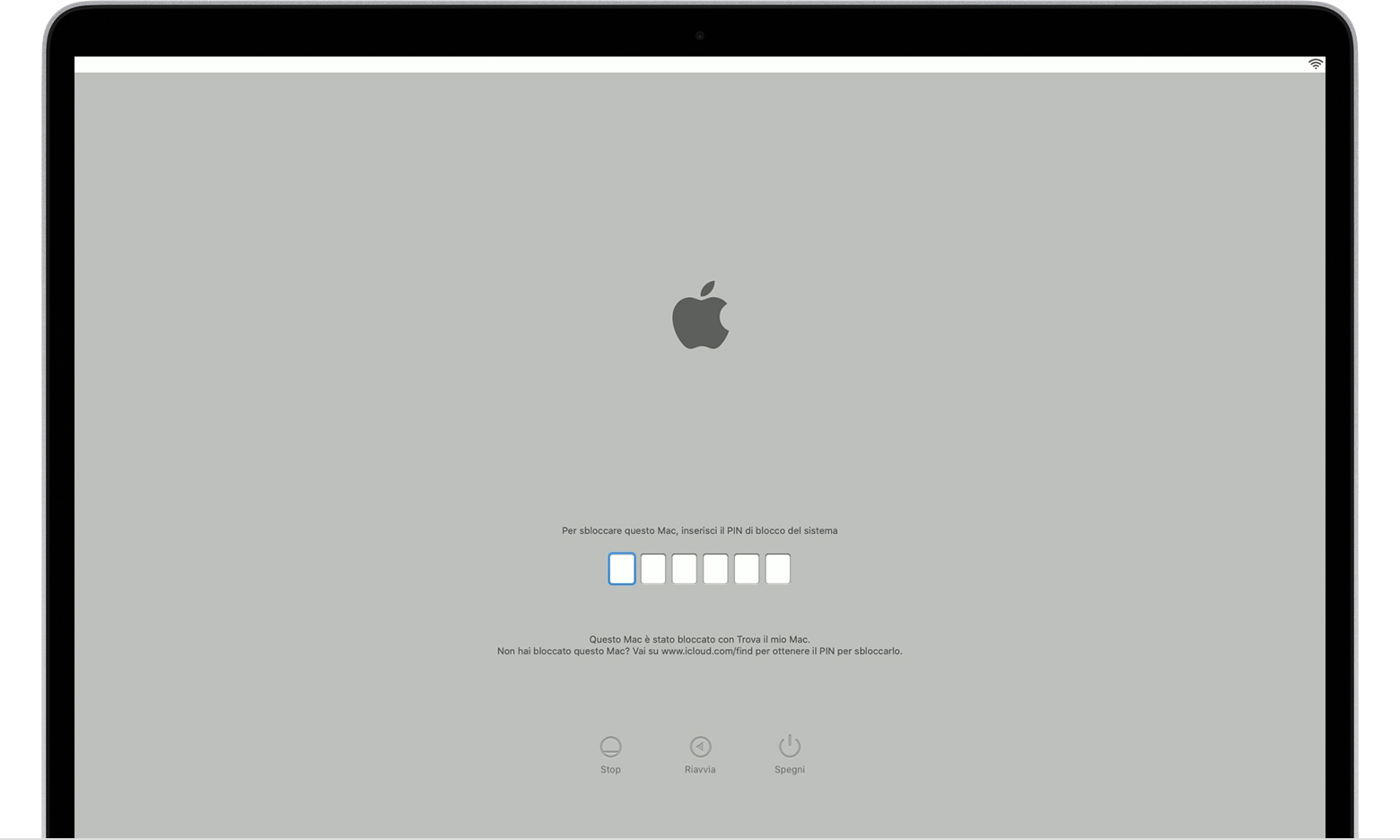 Schermata di avvio con codice PIN per il blocco del sistema macOS