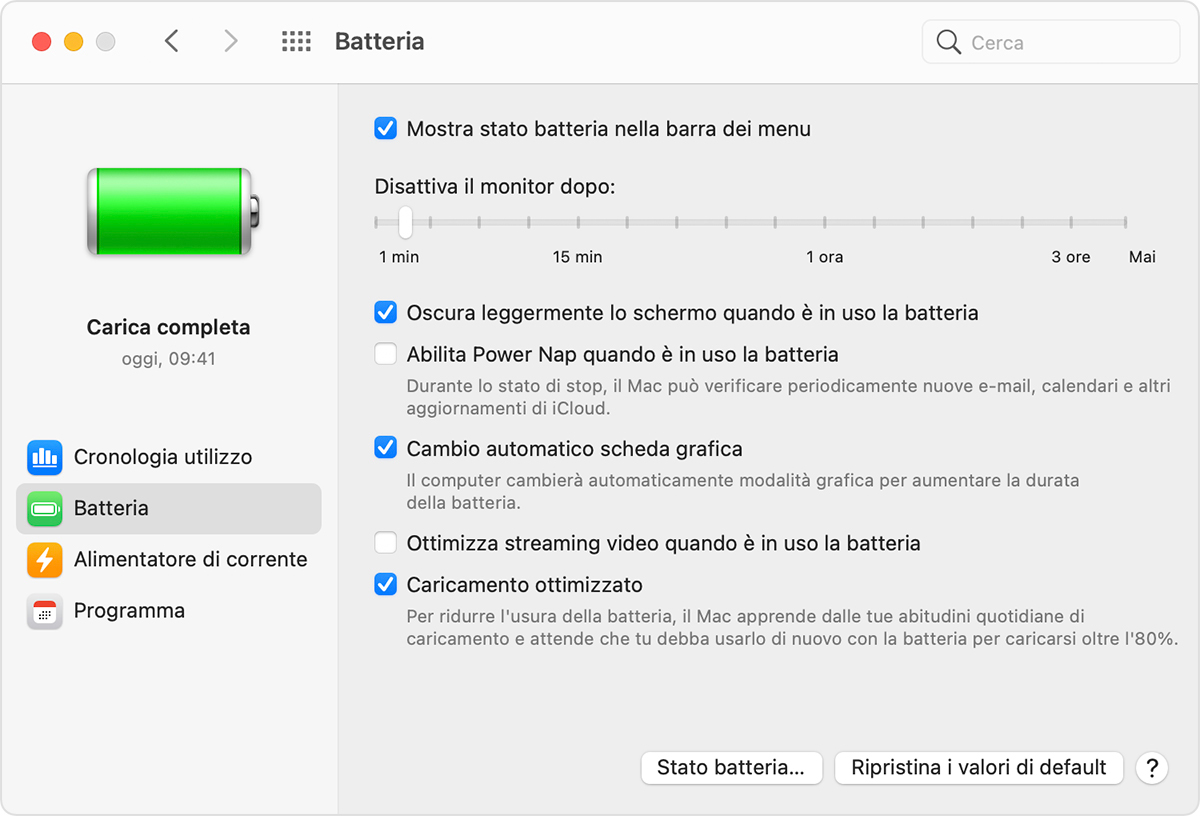 Finestra delle preferenze Batteria di macOS con l'opzione “Cambio automatico scheda grafica” selezionata