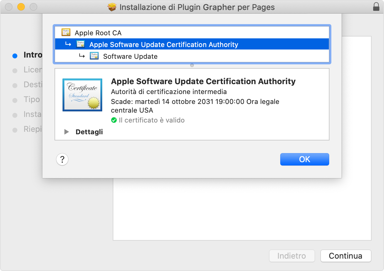 Finestra del programma di installazione che mostra l'opzione Apple Software Update Certificate Authority (Autorità di certificazione di Aggiornamento Software Apple) selezionata