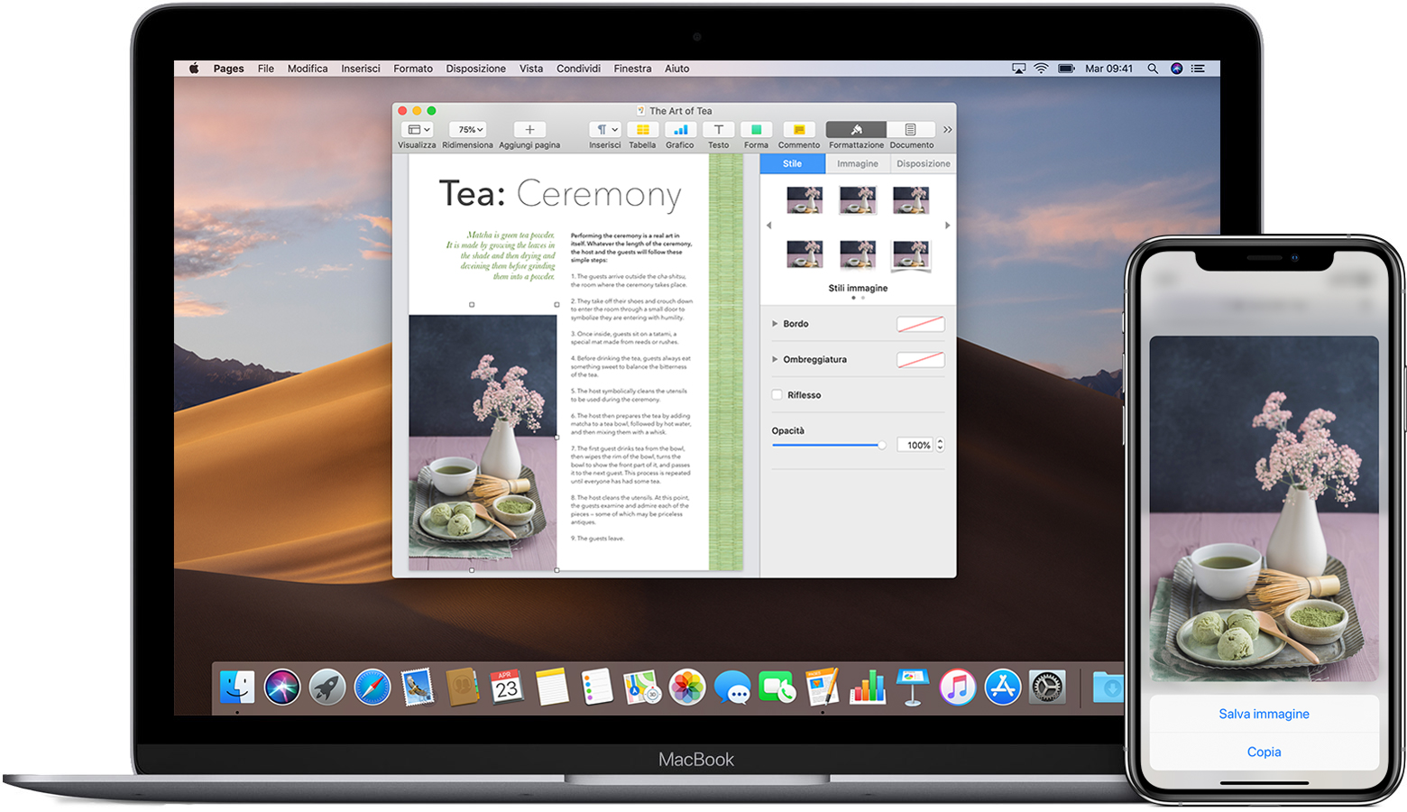 Un iPhone che visualizza un'immagine con l'opzione Copia visualizzata, accanto a un MacBook con un documento di Pages aperto che contiene la stessa immagine.