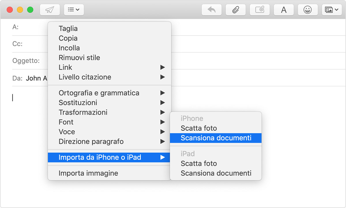 Il menu Importa da iPhone o iPad in una finestra Crea messaggio in Mail