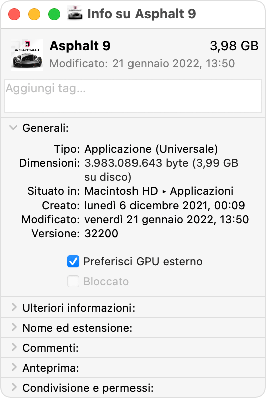 Finestra delle informazioni dell'app del Mac con l'opzione “Preferisci GPU esterno” selezionata
