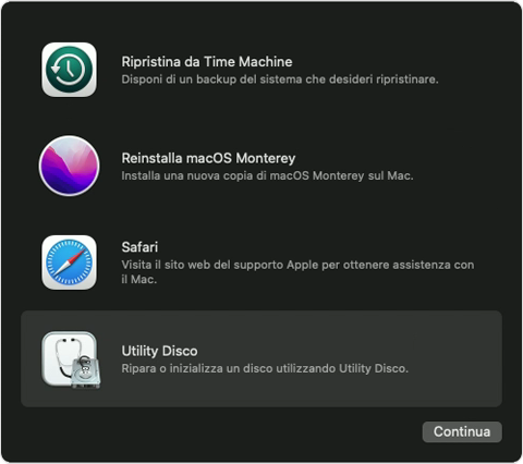 Opzioni di macOS Recovery con l'app Utility Disco selezionata