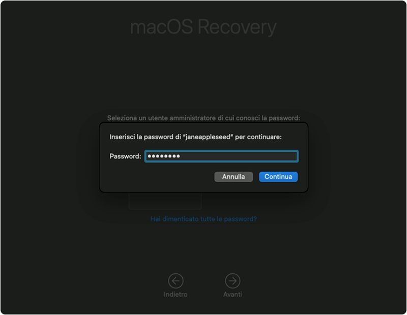 Finestra a comparsa di richiesta della password di macOS Recovery